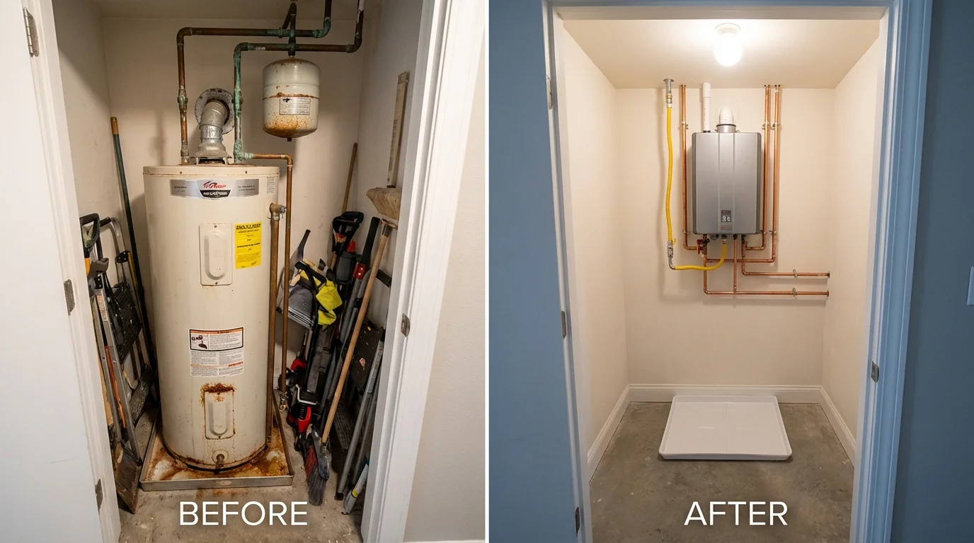 Tank water heater versus wall-mounted tankless unit comparison for Rose Hill, KS homeowners