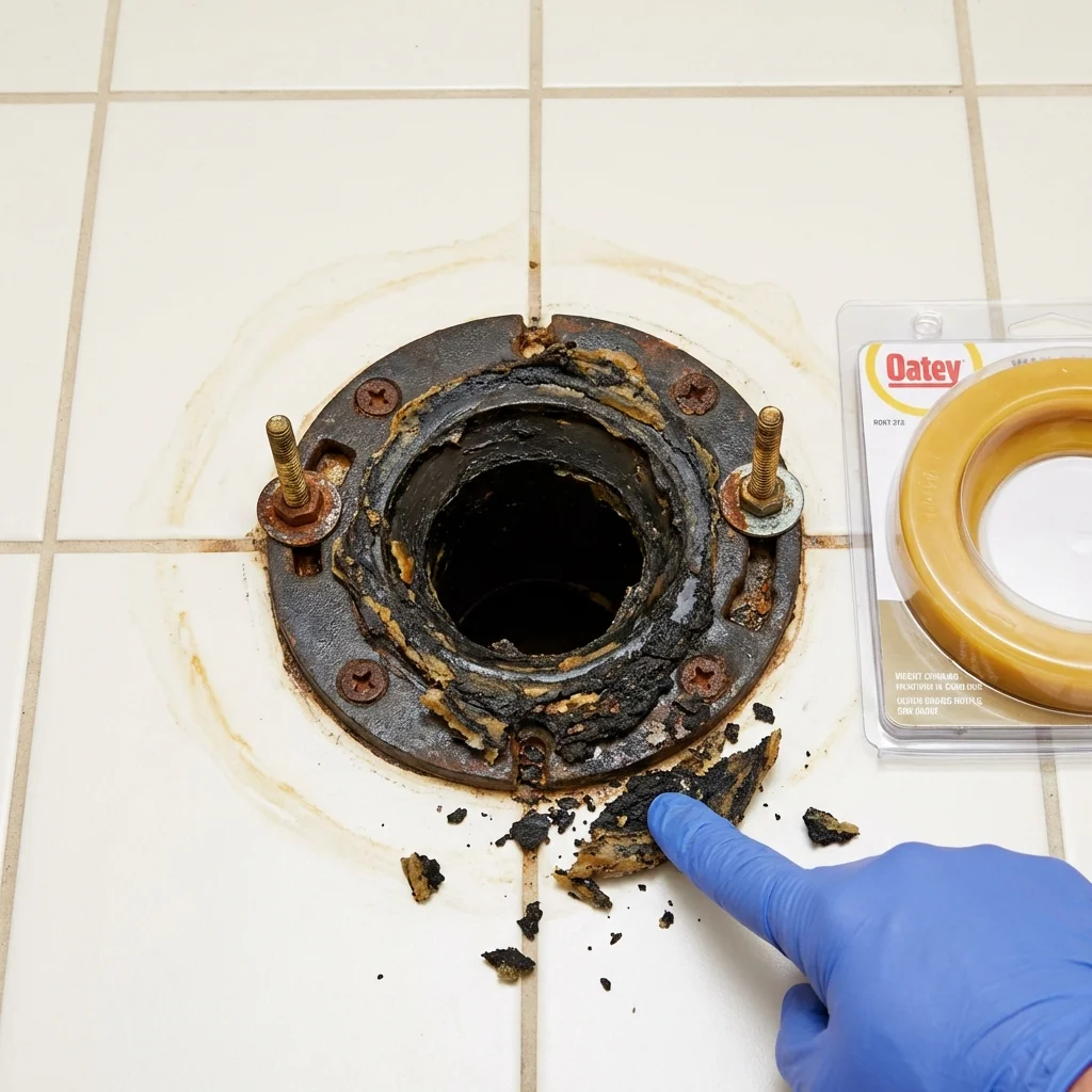 Failed wax ring showing water seepage at the base of a toilet in a Rose Hill, KS home