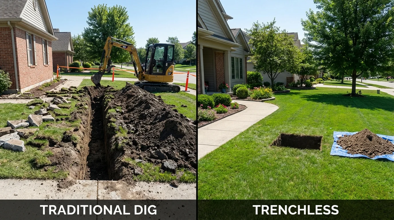 Trenchless sewer repair with minimal yard damage versus traditional excavation in Rose Hill, KS