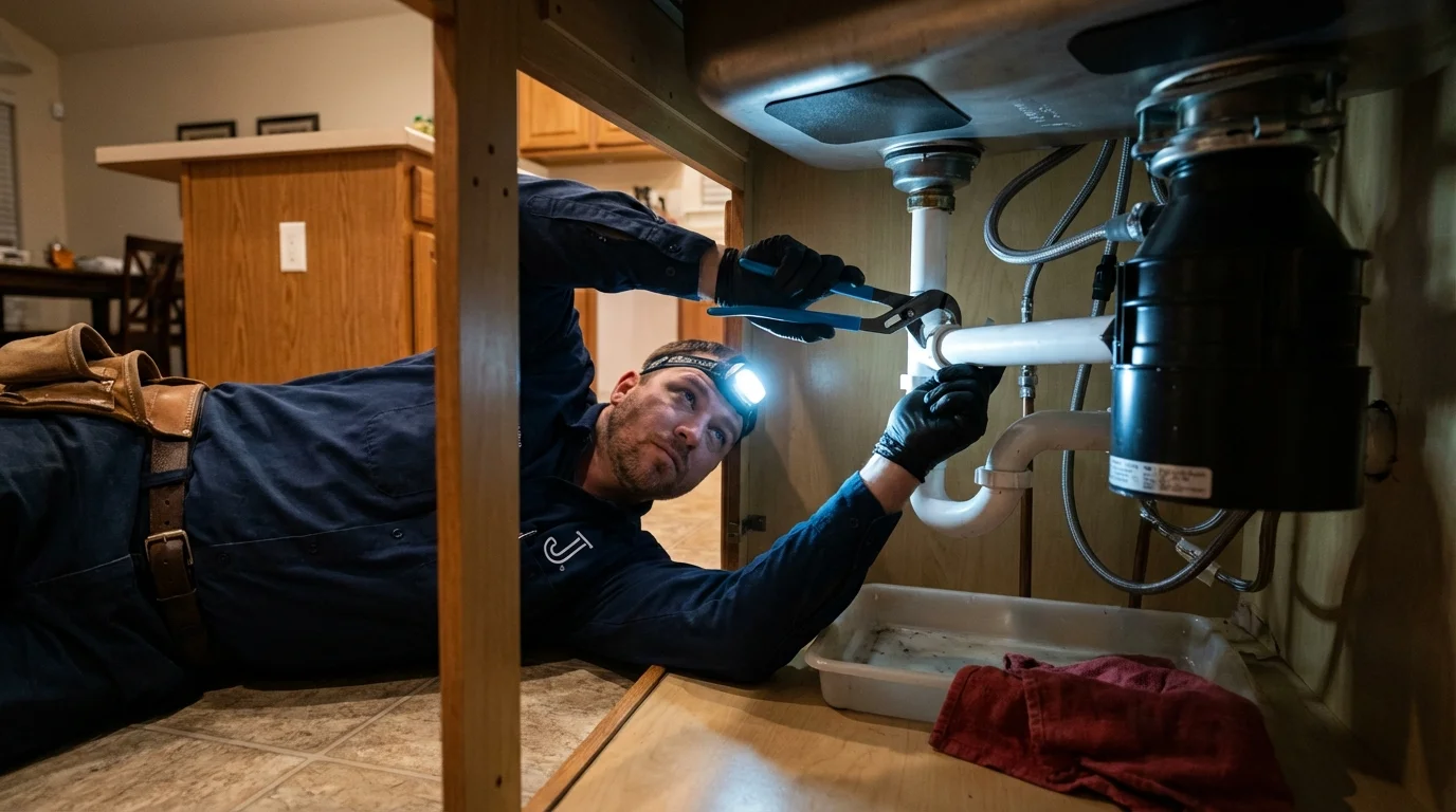 P-trap and supply line connections under a kitchen sink showing a common leak point in Rose Hill, KS